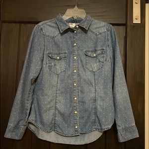Denim button down with white polka dots